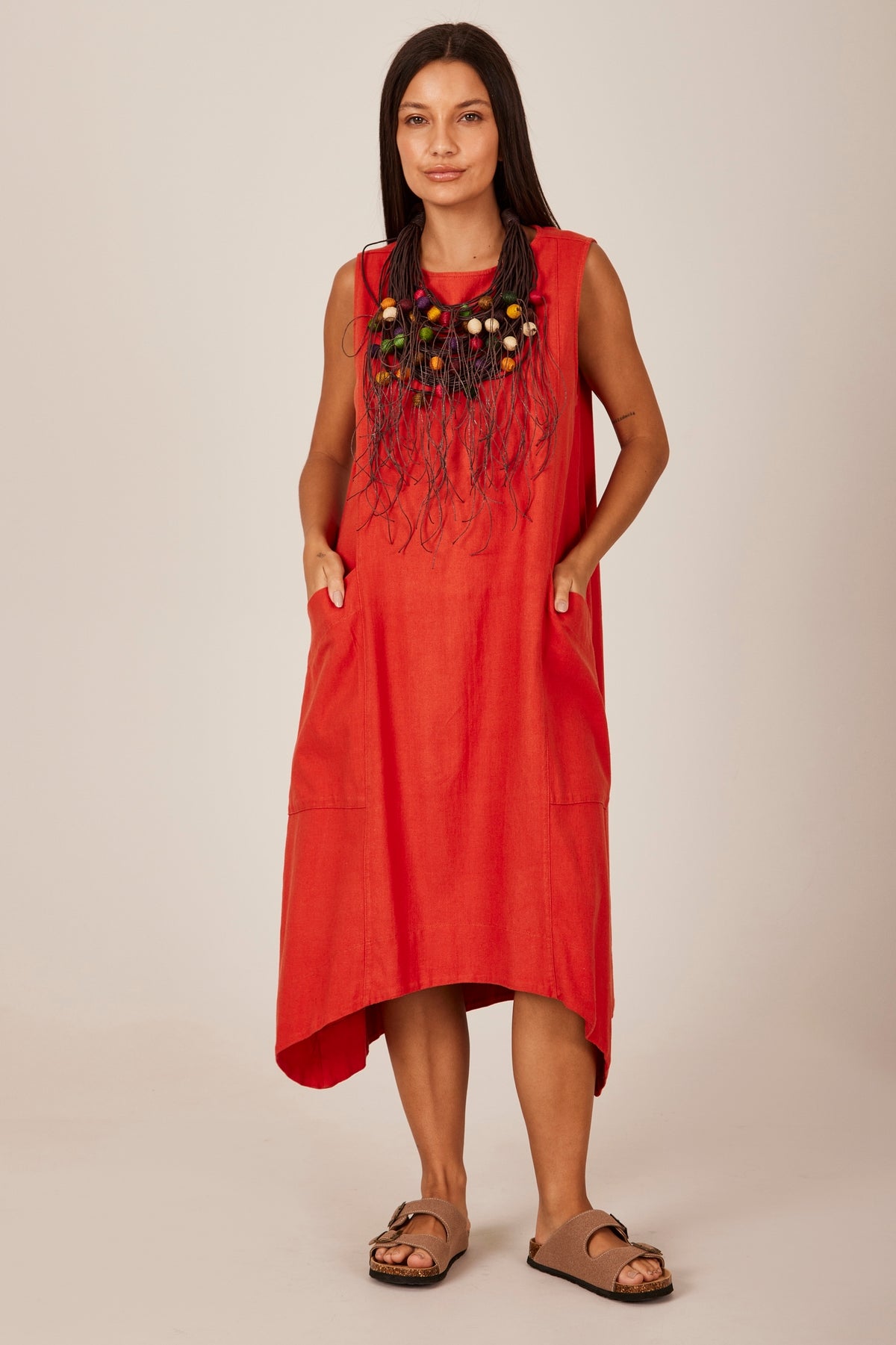 Vestido Curto De Linho Regata Terracota Yacamim C27 Liso