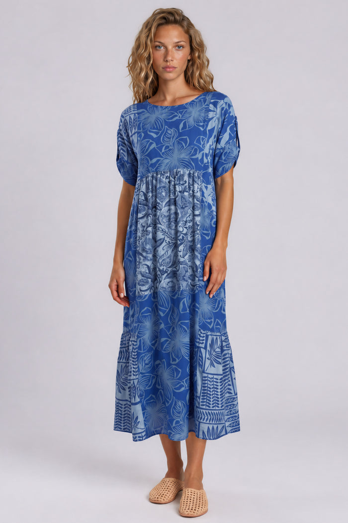 Vestido Midi Com Mangas Curtas Azul Patchwork Yacamim E24