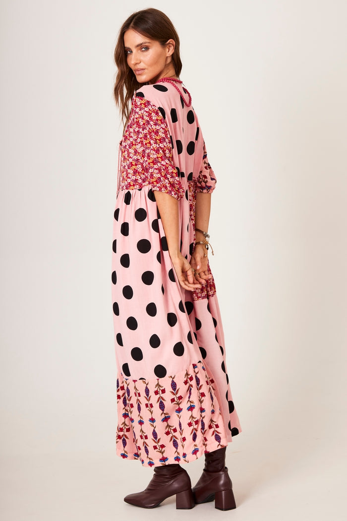 Vestido Midi Estampa De Poá Patchwork Rosa Claro Yacamim E26