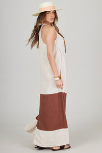 Vestido Longo Nadador Bege E Marrom Yacamim C23