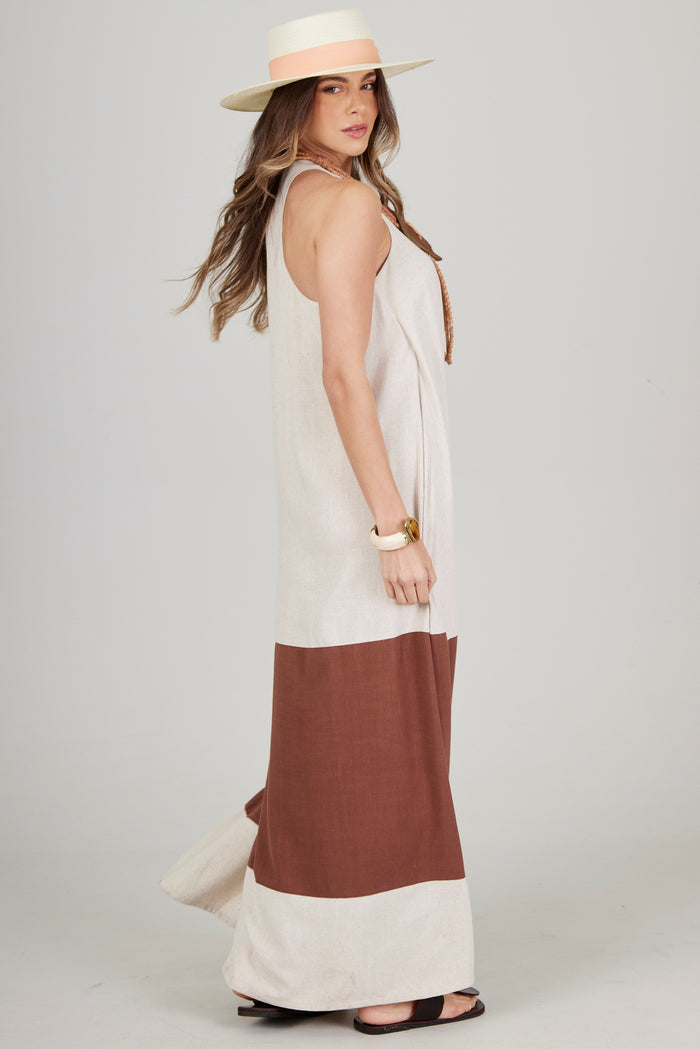 Vestido Longo Nadador Bege E Marrom Yacamim C23