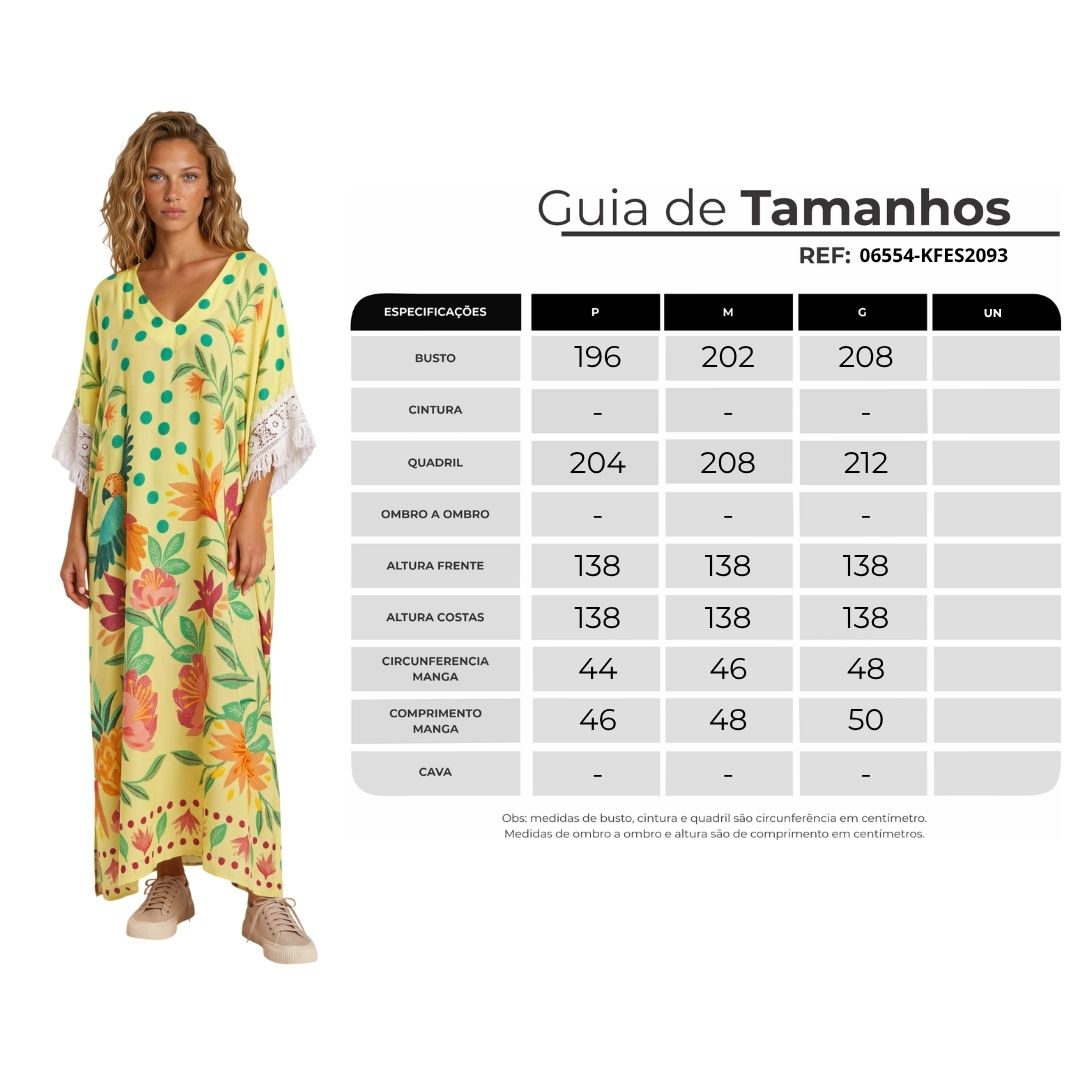 Kaftan Amplo Com Decote Em V Amarelo Estampado Coleção Manacá Yacamim J4