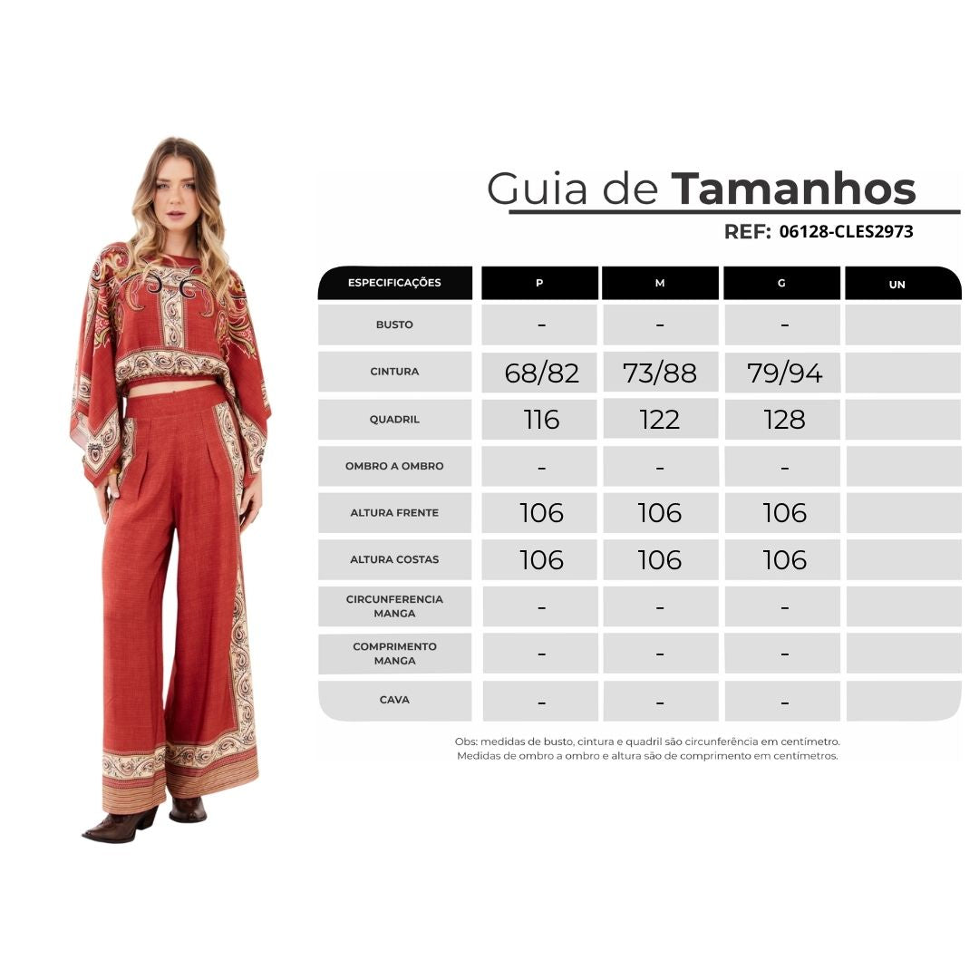 Calça Pantalona Terracota Estampa Paisley Yacamim A20