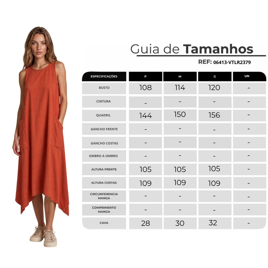 Vestido Regata Midi Viscolinho Com Bolsos Vermelho Ferrugem Yacamim D9