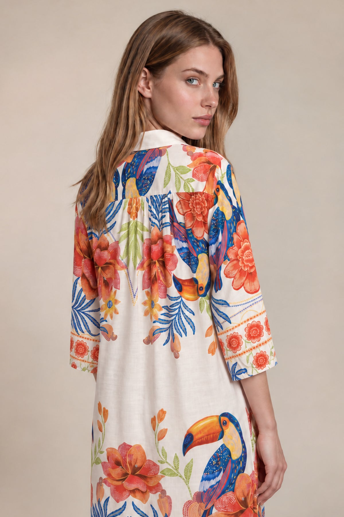 Chemise Longo Com Mangas Longas E Faixa Branco Estampado Coleção Manacá Yacamim N9