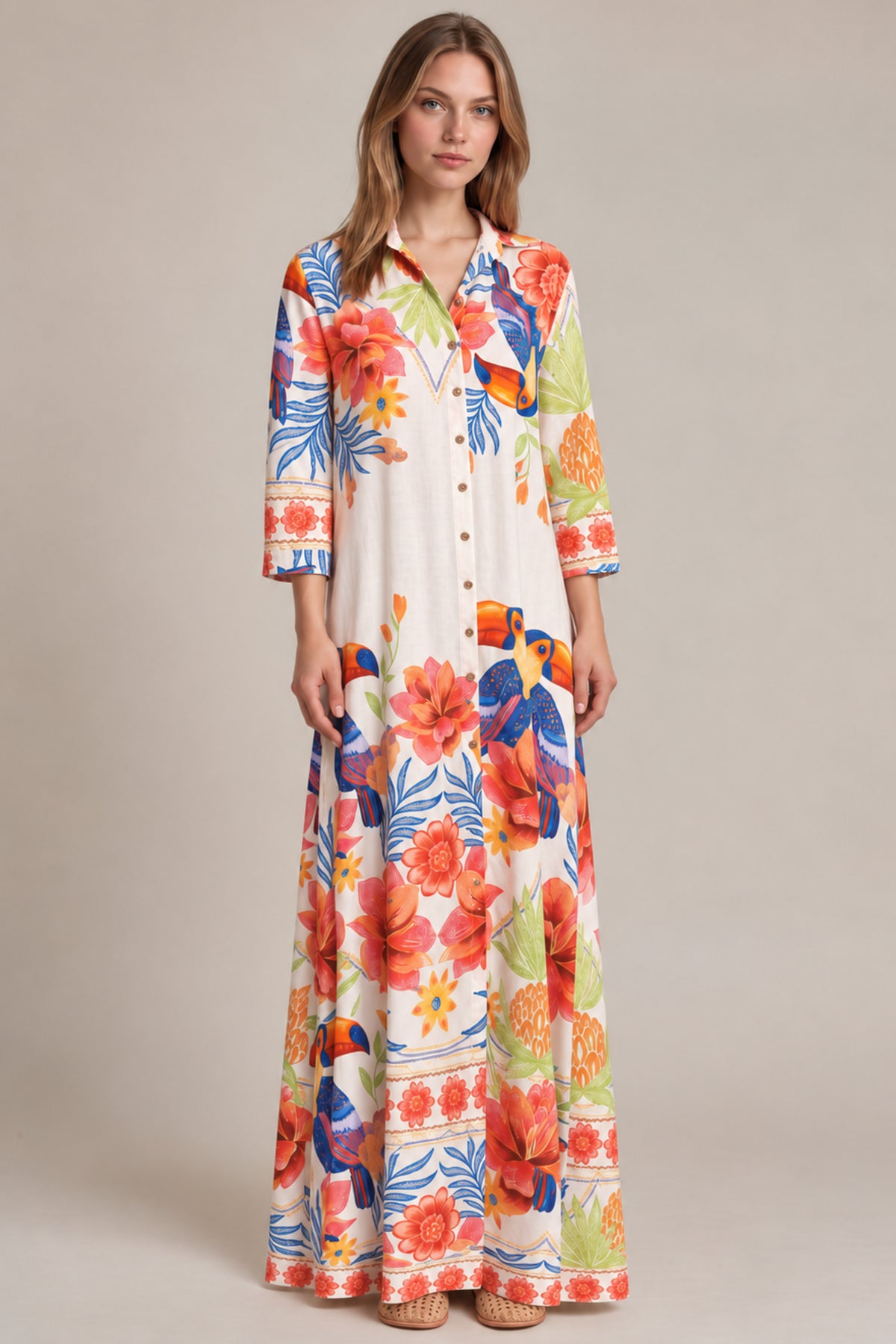 Chemise Longo Com Mangas Longas E Faixa Branco Estampado Coleção Manacá Yacamim N9
