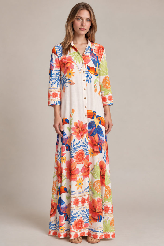 Chemise Longo Com Mangas Longas E Faixa Branco Estampado Coleção Manacá Yacamim N9