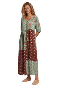 Vestido Midi Com Recortes Verde E Marrom Patchwork De Poá Yacamim E14