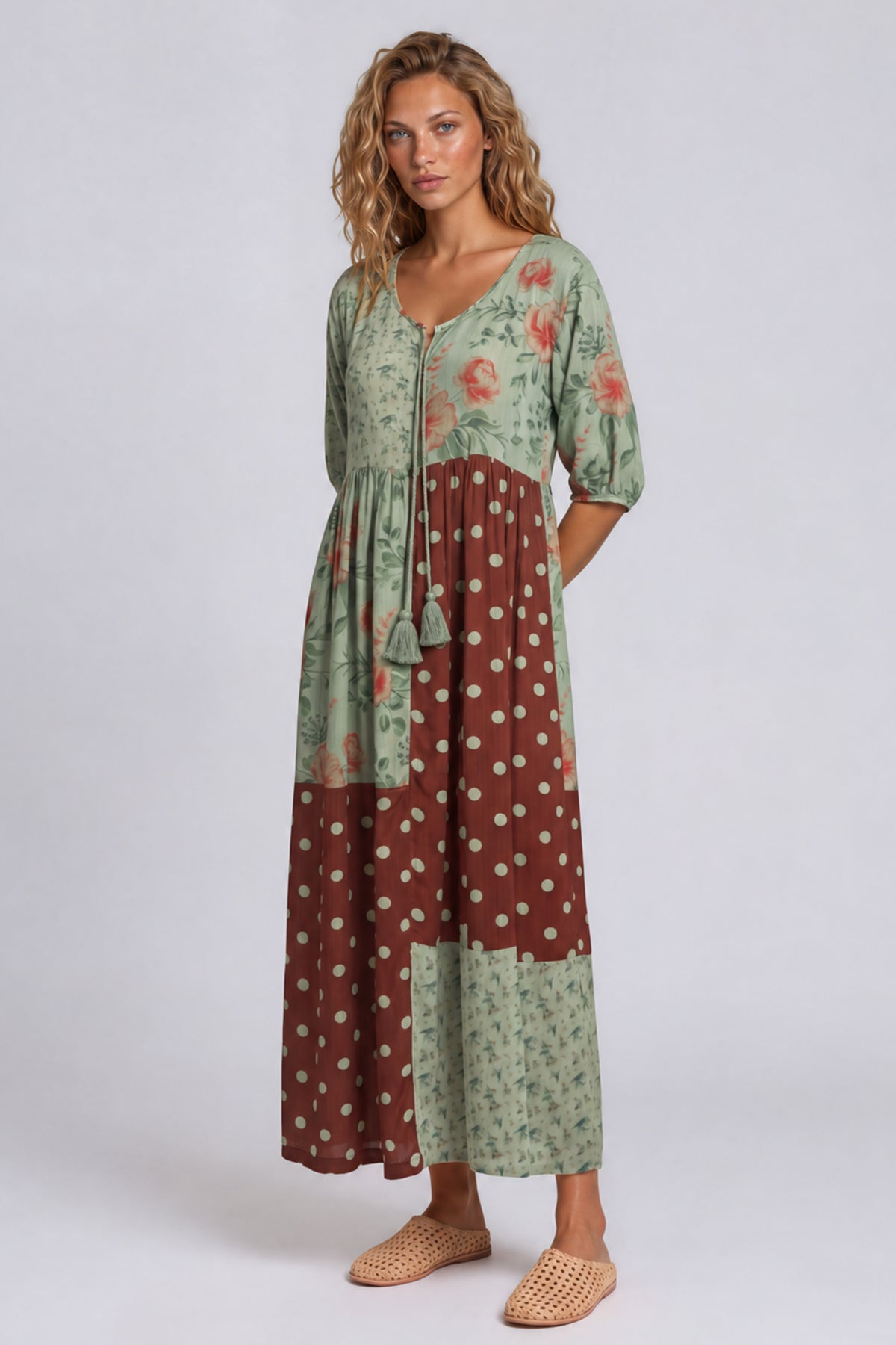 Vestido Midi Com Recortes Verde E Marrom Patchwork De Poá Yacamim E14