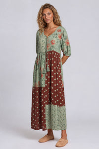 Vestido Midi Com Recortes Verde E Marrom Patchwork De Poá Yacamim E14
