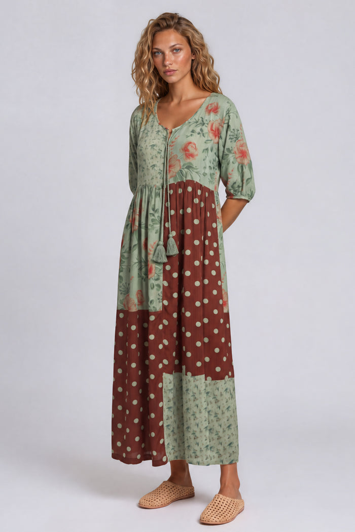 Vestido Midi Com Recortes Verde E Marrom Patchwork De Poá Yacamim E14