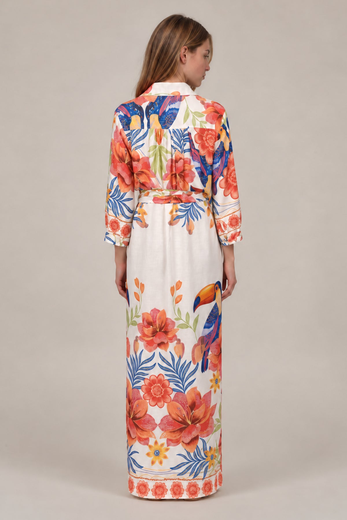 Chemise Longo Com Mangas Longas E Faixa Branco Estampado Coleção Manacá Yacamim N9