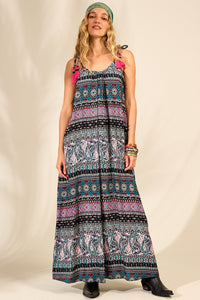 Vestido Longo Com Alças E Pompons Pretos Estampa Paisley Yacamim E14