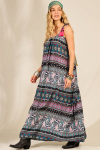 Vestido Longo Com Alças E Pompons Pretos Estampa Paisley Yacamim E14