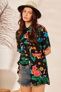 Camisa Ampla Com Mangas 3/4 Preta Floral Yacamim A3