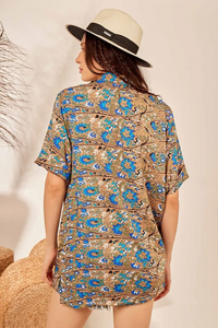 Camisa Ampla Com Mangas Curtas Marrom Claro Estampado Yacamim A31