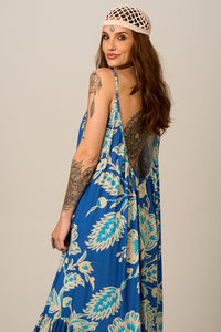 Vestido Longo De Alças Reguláveis Azul Estampado Yacamim E18