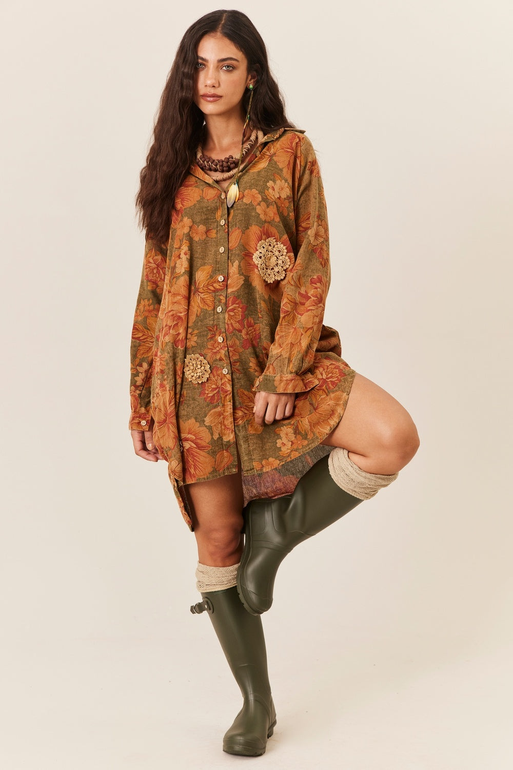 Chemise Com Mangas Longas Verde Ouro Preto Yacamim R5