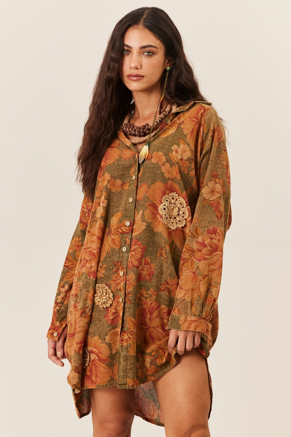 Chemise Com Mangas Longas Verde Ouro Preto Yacamim R5