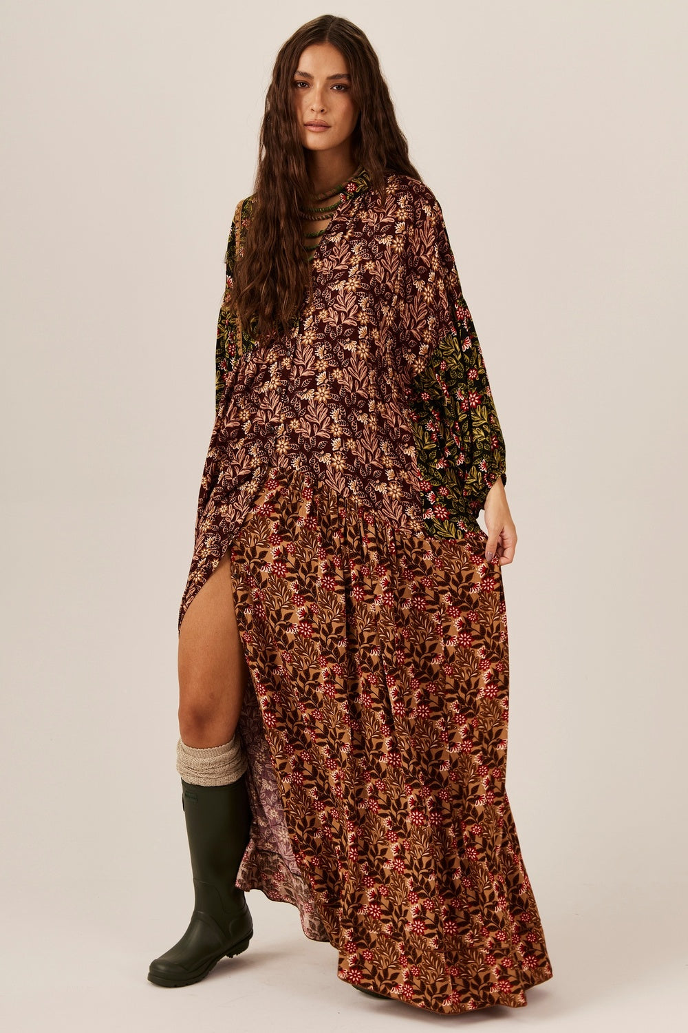 Vestido Longo Bordô E Verde Patchwork Yacamim D31