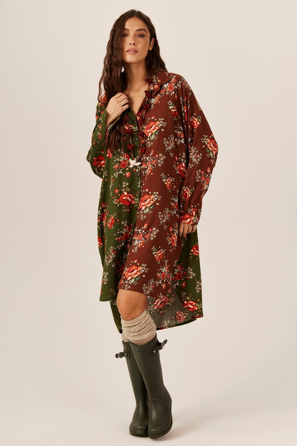 Chemise Ampla Bordô E Verde Patchwork Yacamim M7