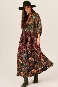 Vestido Longo Bordô E Verde Patchwork Yacamim E23