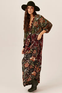 Vestido Longo Bordô E Verde Patchwork Yacamim E23