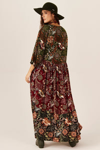 Vestido Longo Bordô E Verde Patchwork Yacamim E23