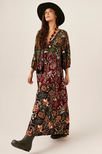 Vestido Longo Bordô E Verde Patchwork Yacamim E23