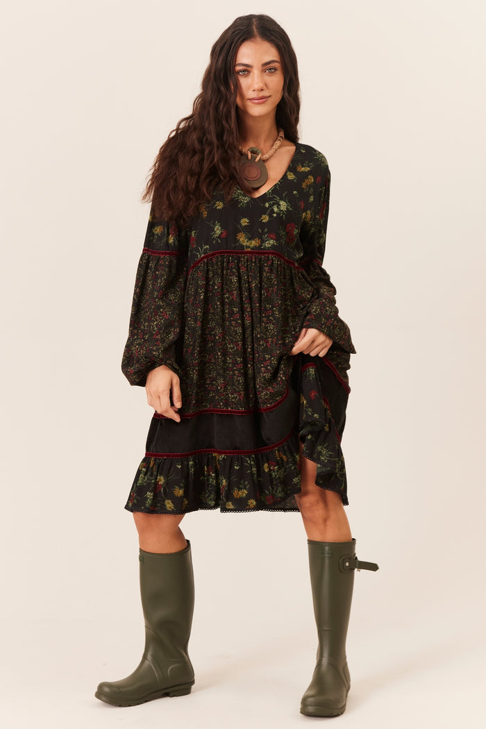 Vestido Curto Manga Longa Bufante Verde Escuro Patchwork Yacamim D31