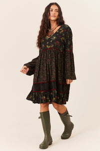 Vestido Curto Manga Longa Bufante Verde Escuro Patchwork Yacamim D31