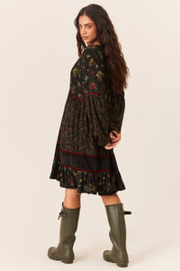 Vestido Curto Manga Longa Bufante Verde Escuro Patchwork Yacamim D31