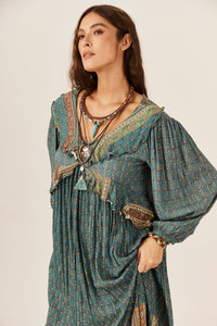 Vestido Longo Com Lurex Babados Verde Yacamim C1