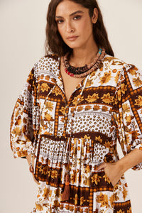 Vestido Midi Branco E Laranja Geométrico Yacamim D29