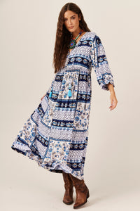 Vestido Midi Branco E Azul Geométrico Yacamim C8