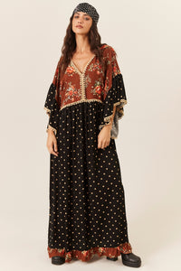 Vestido Longo Com Babados Preto E Marrom Patchwork Yacamim E7