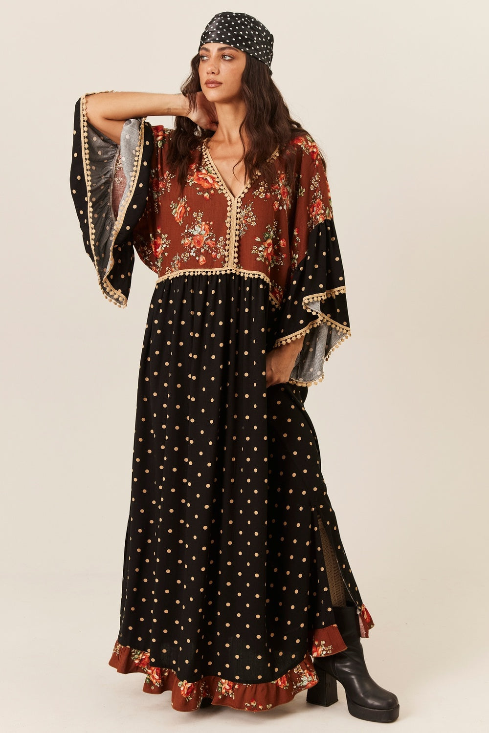 Vestido Longo Com Babados Preto E Marrom Patchwork Yacamim E7