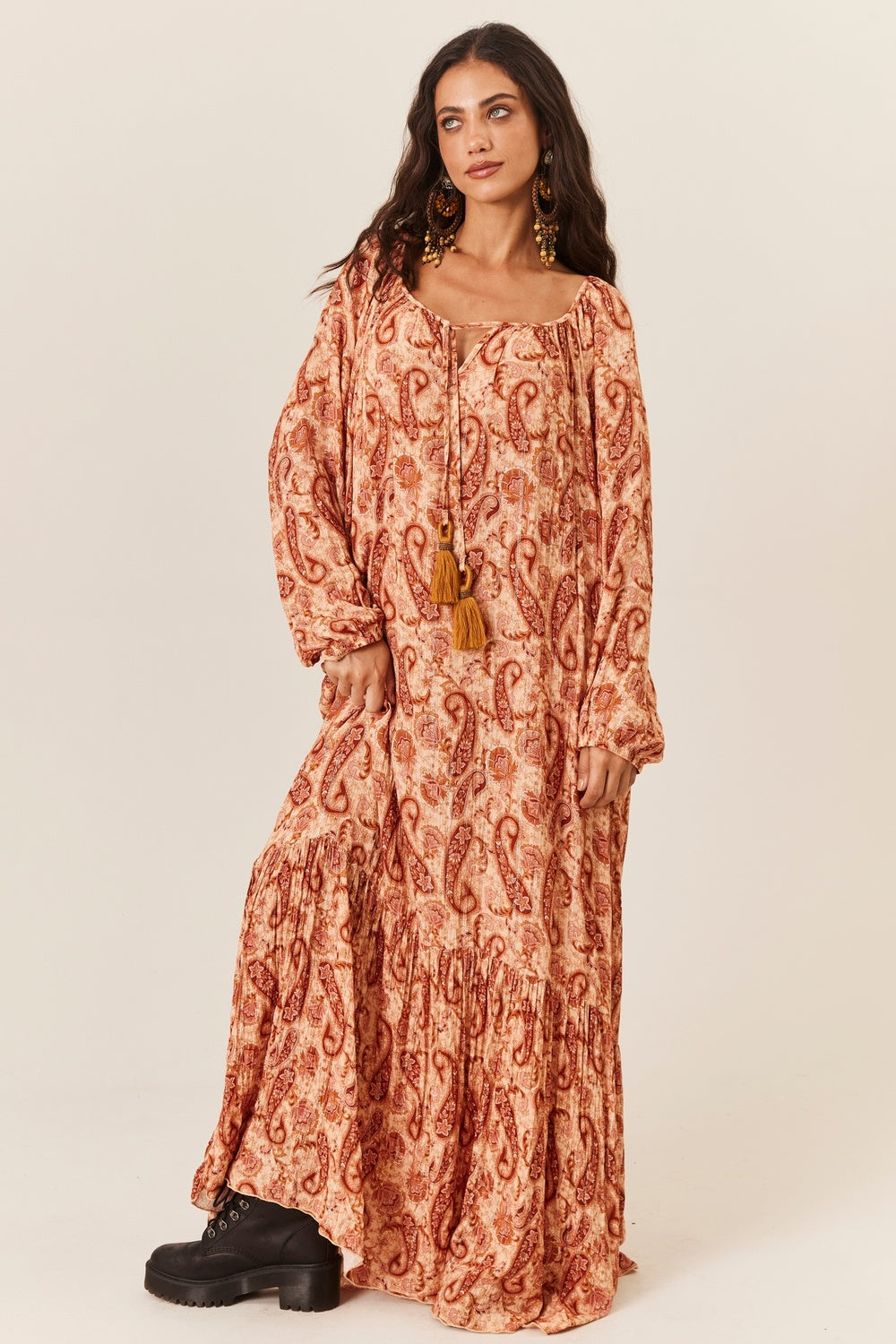 Vestido Longo Com Lurex Paisley Tons Terrosos Yacamim E21