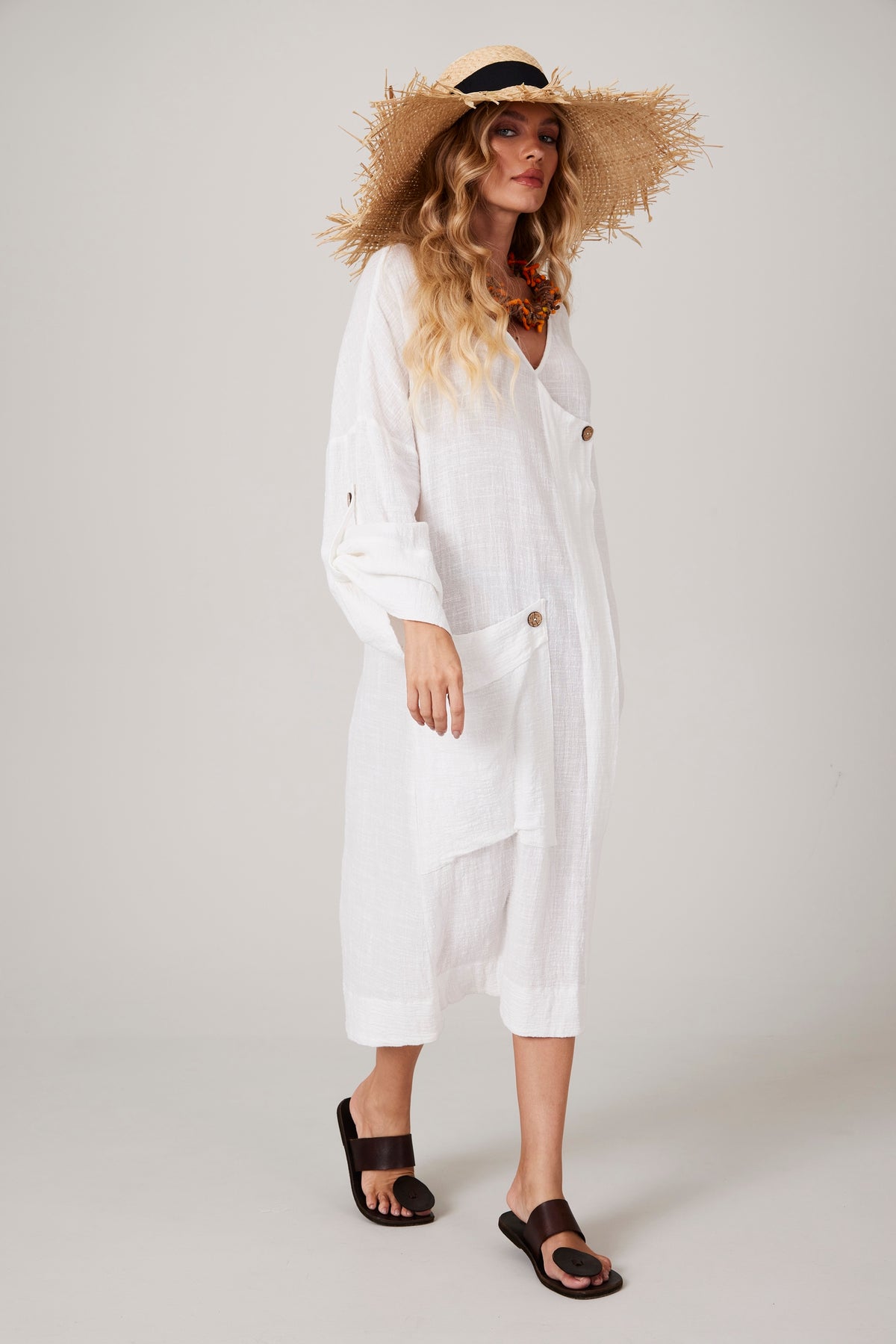 Vestido Midi Com Decote Em V Branco Yacamim C14