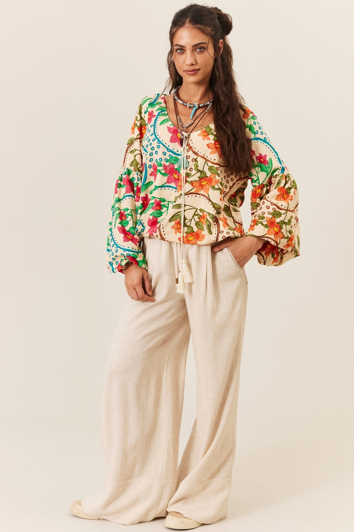 Calça Pantalona De Viscolinho Com Bolsos Bege Yacamim T7