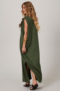 Vestido Regata Linho Midi Verde Escuro Yacamim C4/5 Liso