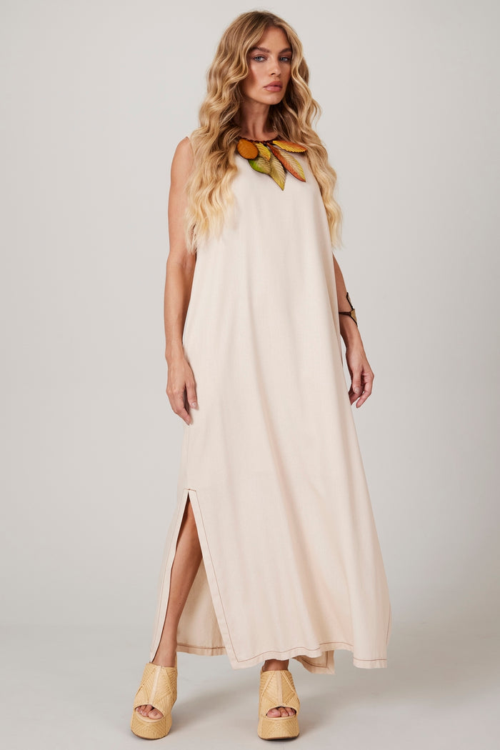 Vestido Regata Linho Midi Bege Yacamim E25 Liso