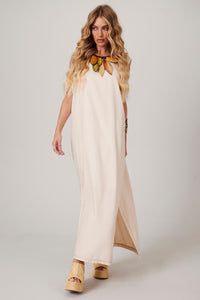 Vestido Regata Linho Midi Bege Yacamim E25 Liso