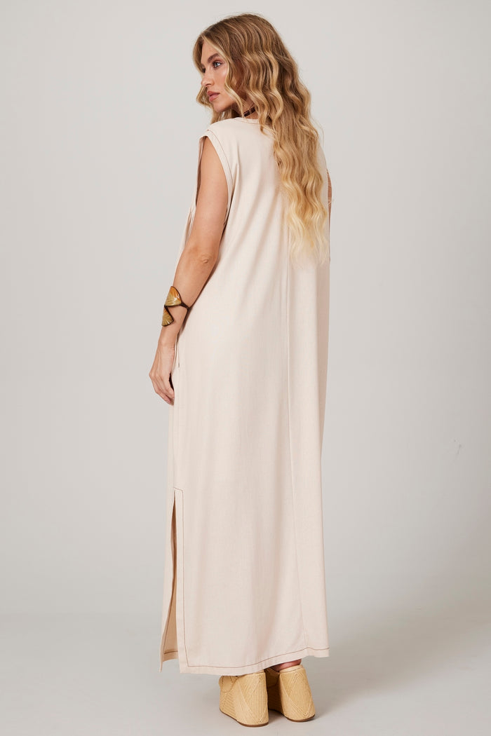 Vestido Regata Linho Midi Bege Yacamim E25 Liso