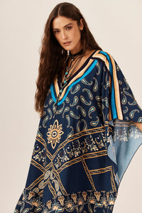 Kaftan Amplo Com Decote Azul Paisley Yacamim J8
