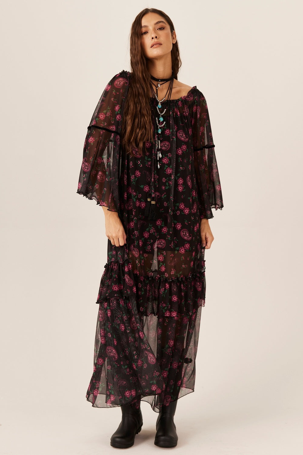 Vestido Longo Ciganinha Tule Paisley Yacamim E5