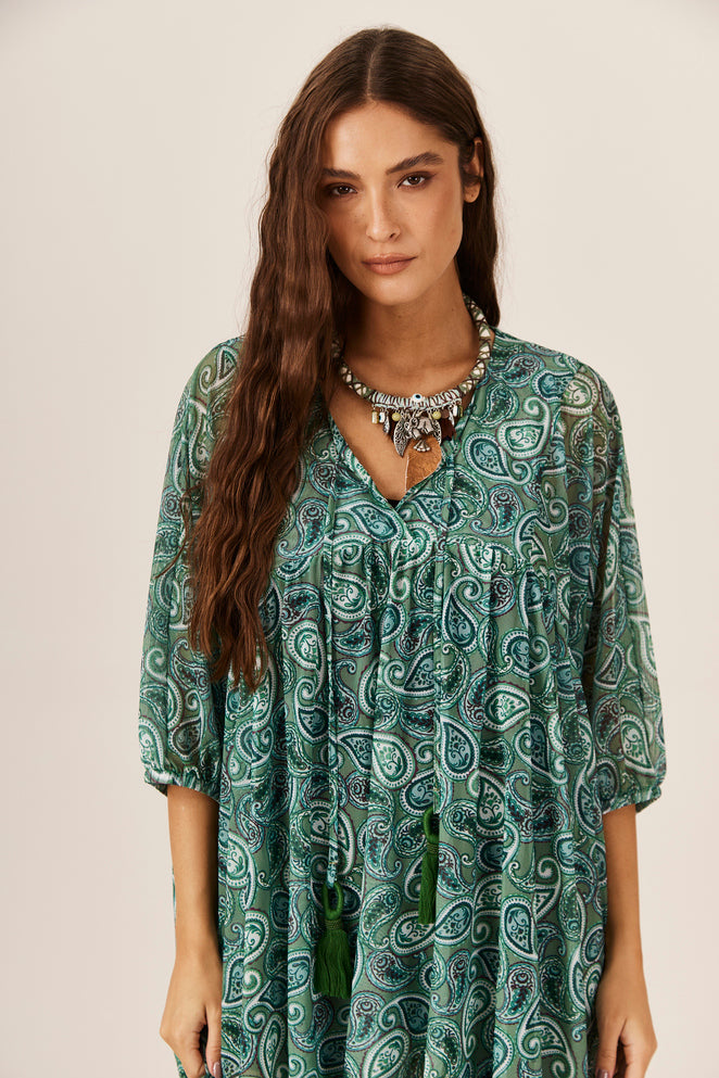 Vestido Curto Tule Verde Paisley Yacamim E7