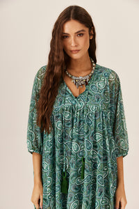 Vestido Curto Tule Verde Paisley Yacamim E7