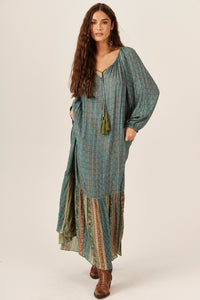 Vestido Longo Com Lurex Verde Patchwork Yacamim E19