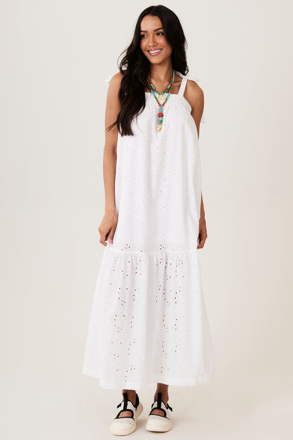 Vestido Longo De Alças Broderie Branco Yacamim D28
